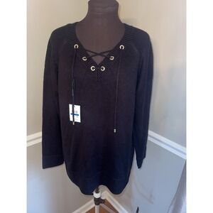 Calvin Klein Black Lace Up Sweater Womens XL Sexy Grunge NEW